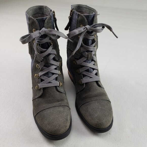 Sorel Major Carly Suede Boot Womens 8 Gray Blue Denim Ankle Side Zip Moto Combat - Picture 3 of 11
